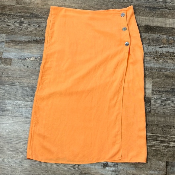 H&M Linen Viscose Orange Faux Wrap Long Column Skirt Shell Button Bright Sz 14 - Picture 2 of 12